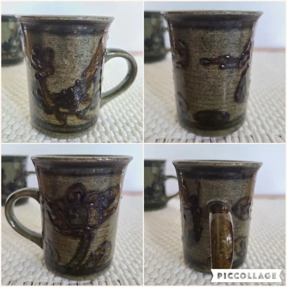 Vintage Handmade Brown Stoneware Glazed Pottery Coffee Mugs Tea Cups Eclectic